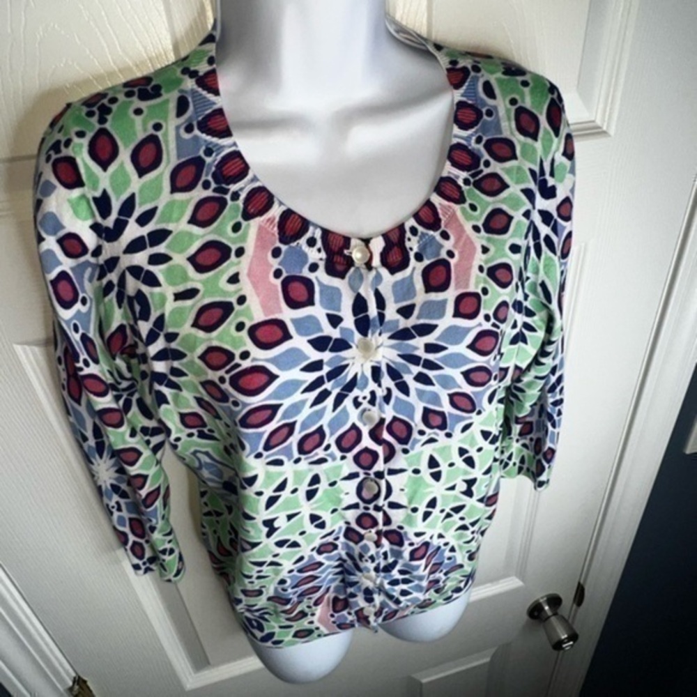 Talbots Petites Small White Blue Geo Print Cotton Knit Cardigan Sweater Top SP